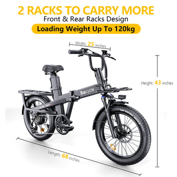 Baicycle Electric Bike, Folding Electric Bike with 62 Miles Range, 48V Removable Battery, 20 Inches Fat Tire for Beach Cruiser City Commute Mountain, Black - Baicycle